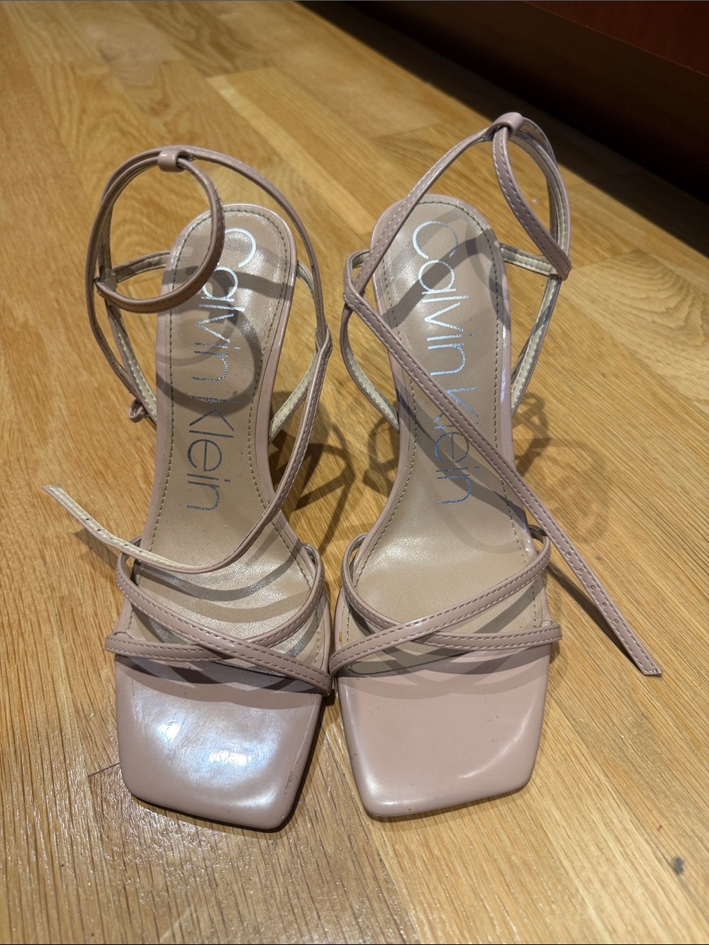 Calvin Klein Blush Strappy Square-Toe Ankle Wrap Heels